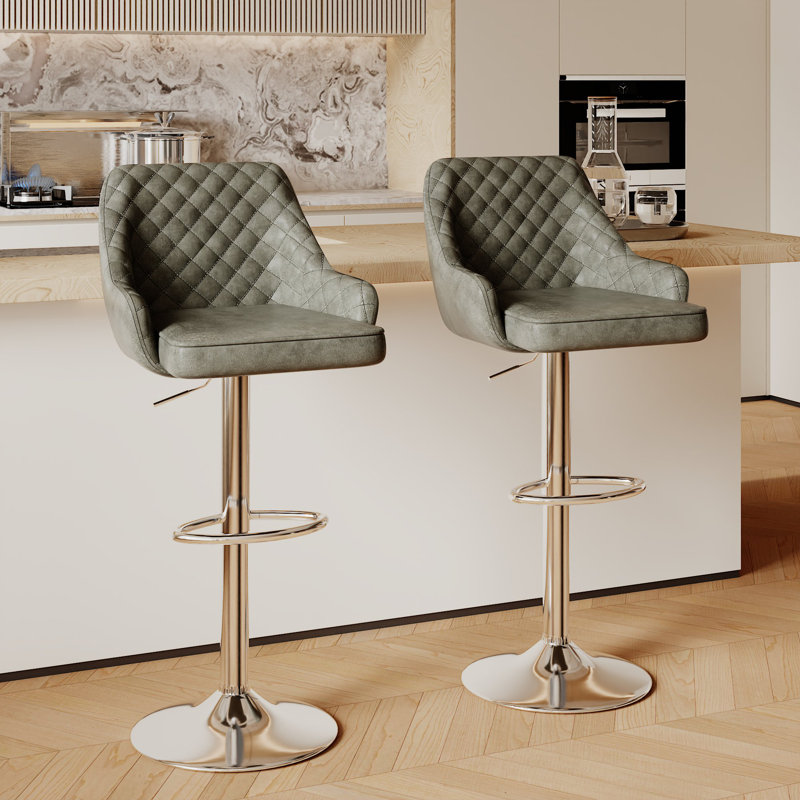 Ensemble de 2 tabourets de bar Aryelle, tabourets réglables à hauteur de comptoir avec dossier et accoudoirs, chaises de bar pivotantes modernes avec repose-pieds, tabourets de cuisine en polyuréthane revêtus d'îlot de cuisine, gris