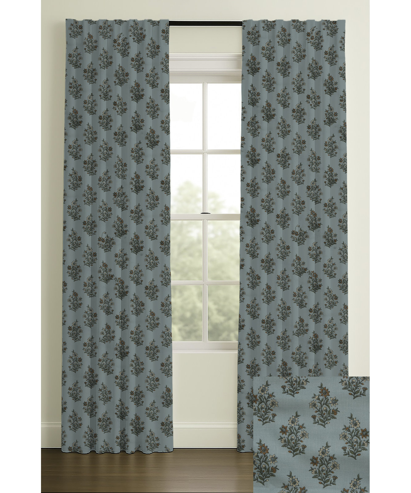 Nichols Floral Block Print Double-Lined Curtain, Ivory, 50" W x 132" L
