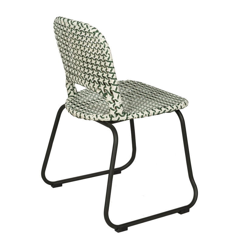 Luna Woven Rattan Outdoor Side Chair, Green/White Seat/Black Frame