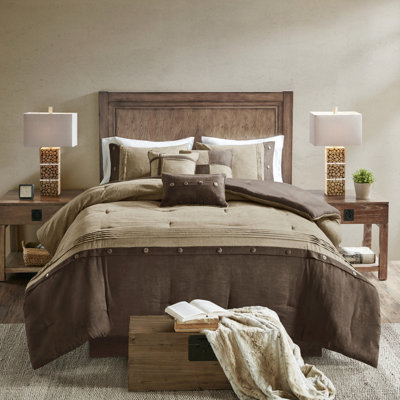 Édredon brun très grand 7 pièces - Faux suède, broderie style chalet, rembourrage, coussins décoratifs, motif suède lavable à la machine, rembourrage, 4 édredons et 3 draps