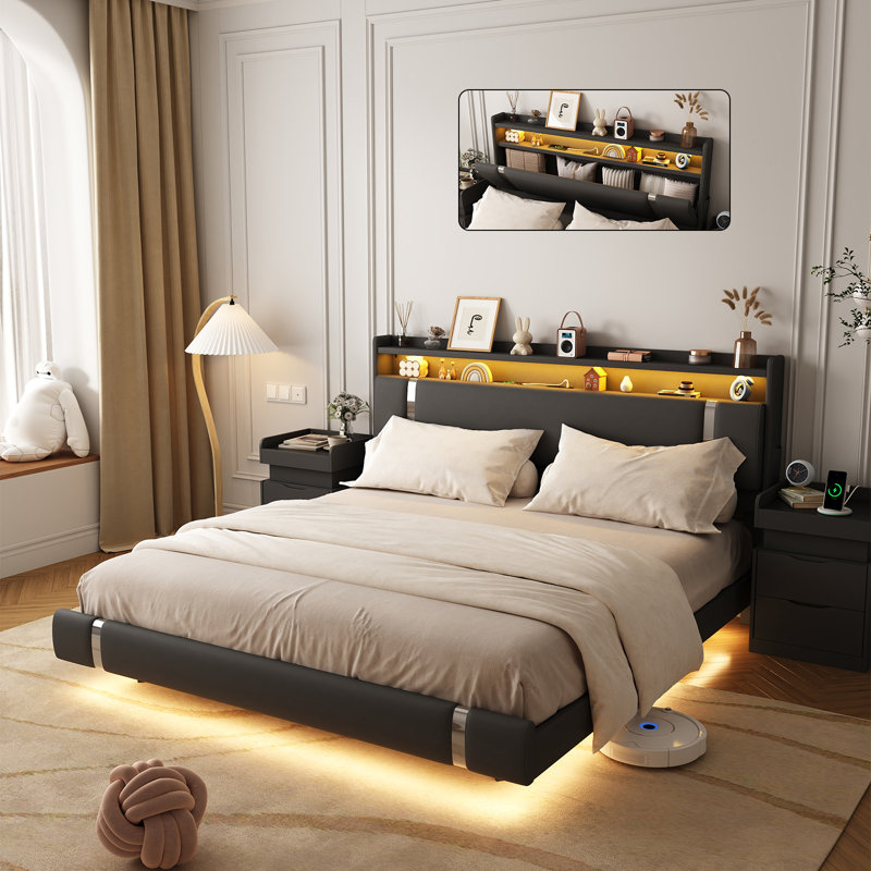 Komor Upholstered Storage Bed with Charging Station and LED Lights, Full, Black