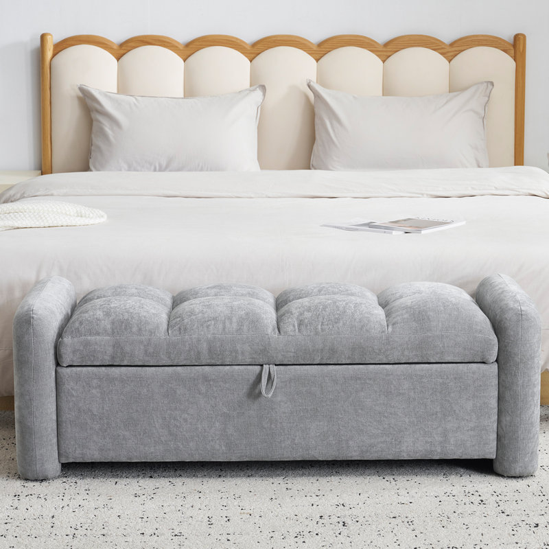 Banc de rangement surdimensionné de style moderne, Chenille gris pâle