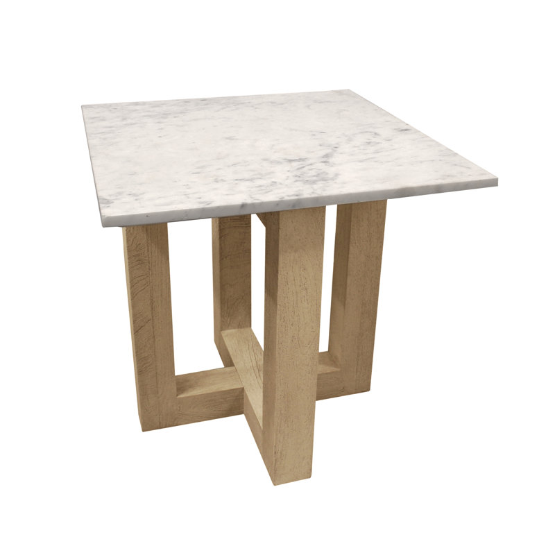 Table de bout carrée Zender avec plateau en marbre et base en bois massif, Blanc