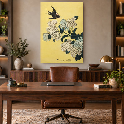 Art mural rétro sur toile, hortensia et oiseau