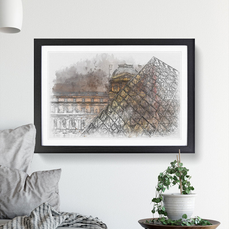 The Louvre in Paris Vol.2 Sketch - Picture Frame Graphic Art, 36cm H x 48cm W x 2cm D, Black Framed