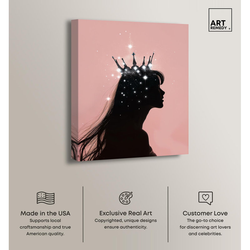 Crowned Silhouette Black and Pink Wrapped Canvas Art Print