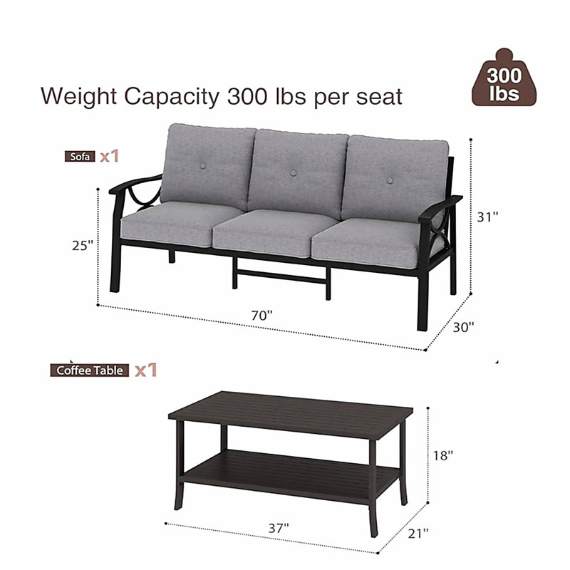 Ensemble de patio d'extérieur 2 pièces, canapé de patio 70 po 3 places en métal toutes saisons et table basse rectangulaire, structure noire avec coussins gris