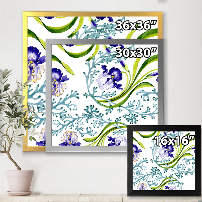 Iris bleu avec feuilles de printemps sauvages - peinture sur toile, H 30 po x l 30 po x P 1 po, Cadre photo blanc