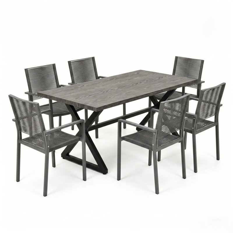Ensemble repas d'extérieur 7 pièces en aluminium et corde tissée, gris et noir, Grey