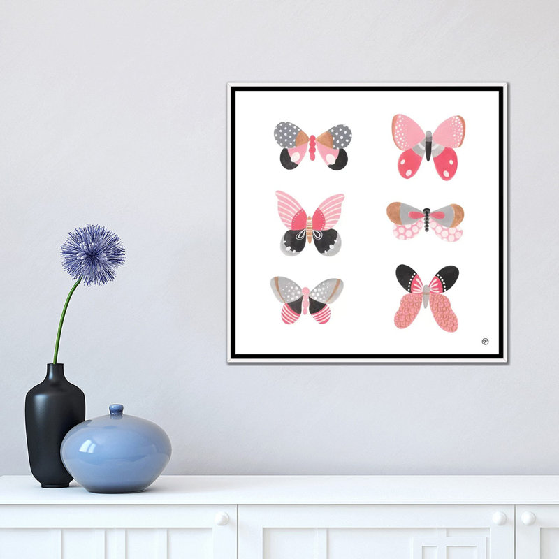 6 papillons art, Toile blanche encadrée, H 18 po x l 18 po x P 1,5 po