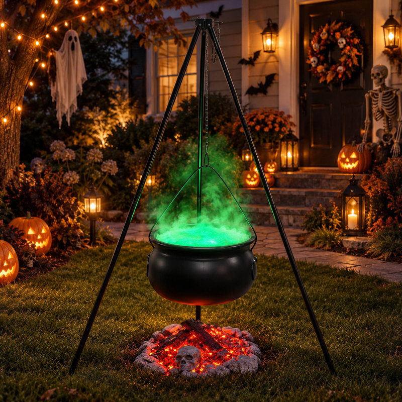Chaudron de sorcière d'Halloween de 54 po, lumières vertes et trépied