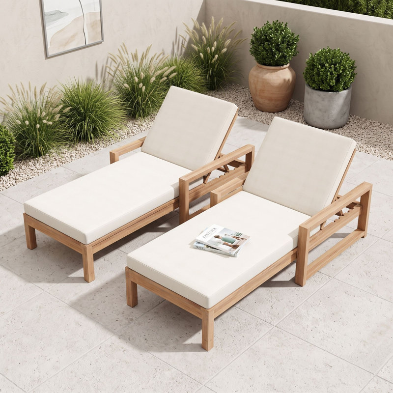 Chaises longues d'extérieur avec coussins, dossiers ajustables et housses amovibles pour terrasse, Teck clair