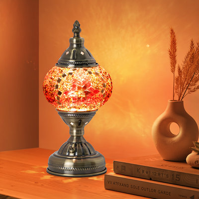 Red2 Turkish Mosaic Glass Table Lamp, Vintage Boho Bedside Accent Light