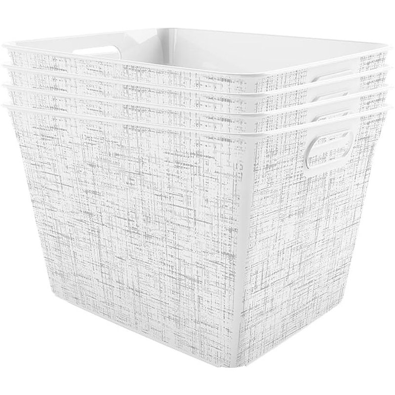 Ensemble de 4 grands paniers de rangement en plastique blanc avec motif en tweed | Bacs de rangement décoratifs pour la maison, le placard, le garde-manger et le bureau
