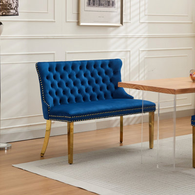 Banc en velours pour causeuse double, sièges de cuisine et de salle à manger, banc capitonné à 2 places avec boutons faits à la main, dossier à oreilles, pieds en acier, style Mid-Century moderne