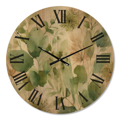 Oversized Leaves Wooden Wall Clock – Watercolor Greenery Sage