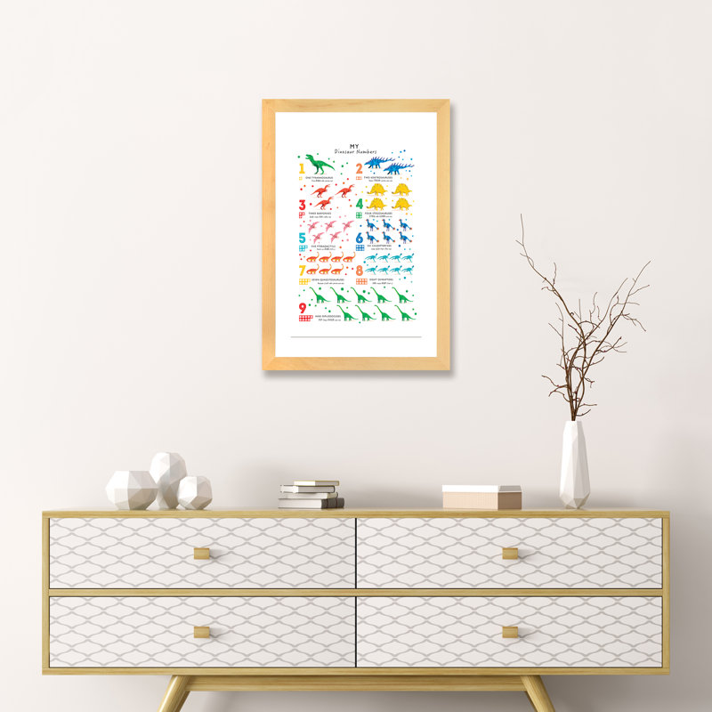 Dinosaure, impression d'art graphique, H 24 po x l 16 po x P 1 po, Blanc, Papier avec cadre beige
