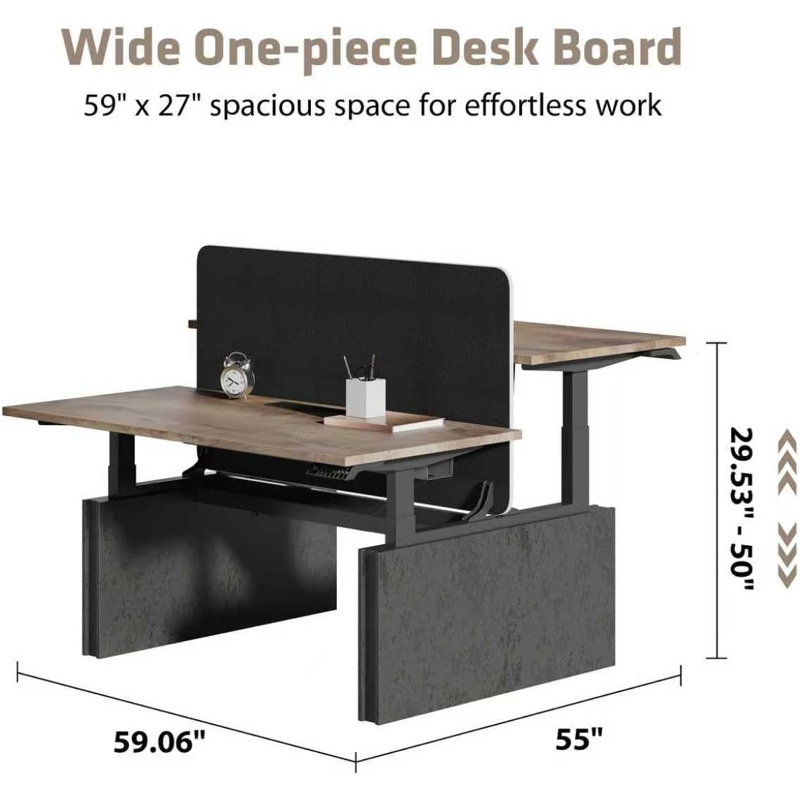 Dual Person Height Adjustable Standing Desk with Privacy Partition, 59" Light Brown One‑Piece Desktop, Electric Sit‑Stand Workstation with Divider Panel for Home Office