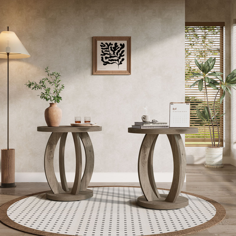 24-Inch Tall Round End Table, Set Of 2, Weathered Gray Oak