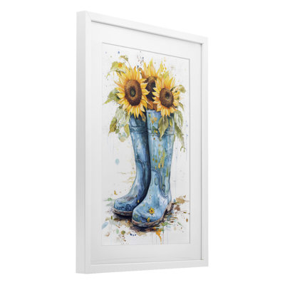 Bottes de pluie bleues et tournesols, reproduction sous verre, conception de Tina LeCour