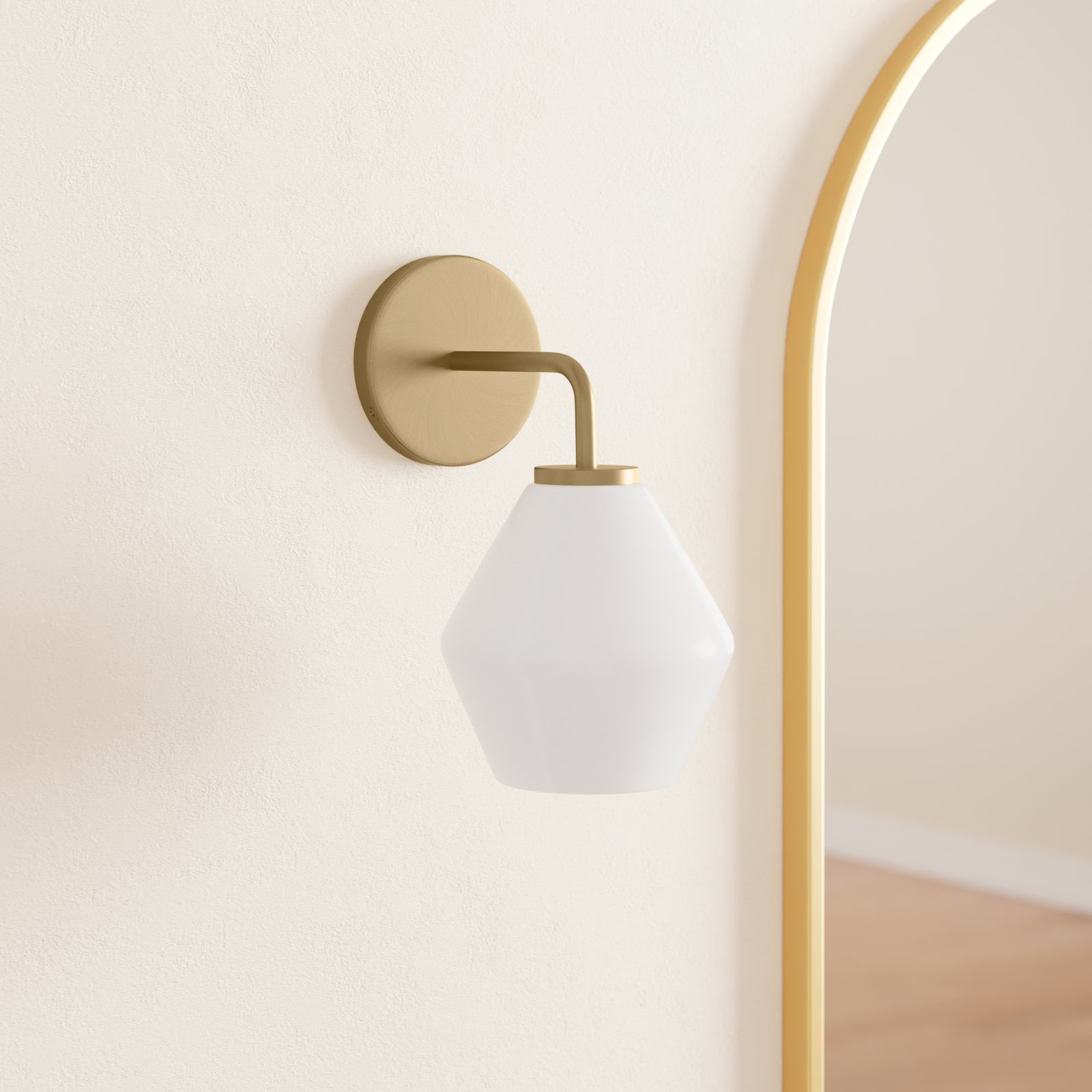 Rooks Single Light Dimmable Armed Sconce, Satin Brass, White