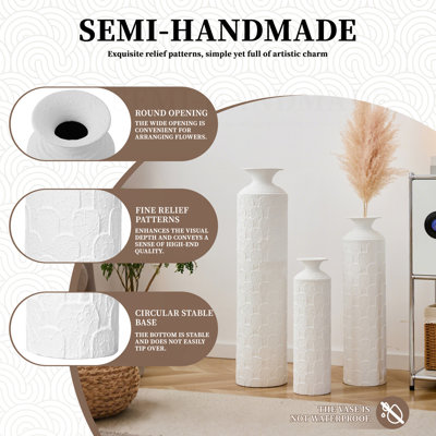 3-Piece Modern Metal Floor Vase Set, Textured White, 33.46" 25.59" 19.69" Tall, Large Decorative Floor Vases for Entryway, Living Room, Home Decor, Not Waterproof