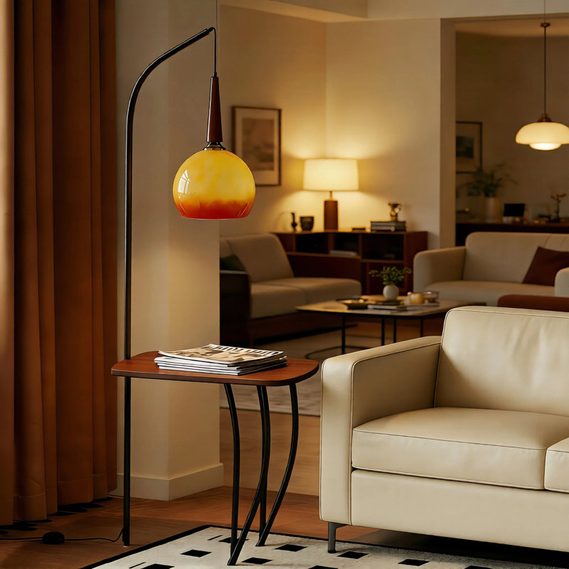 Vintage Arched Floor Lamp With Solid Wood Side Table