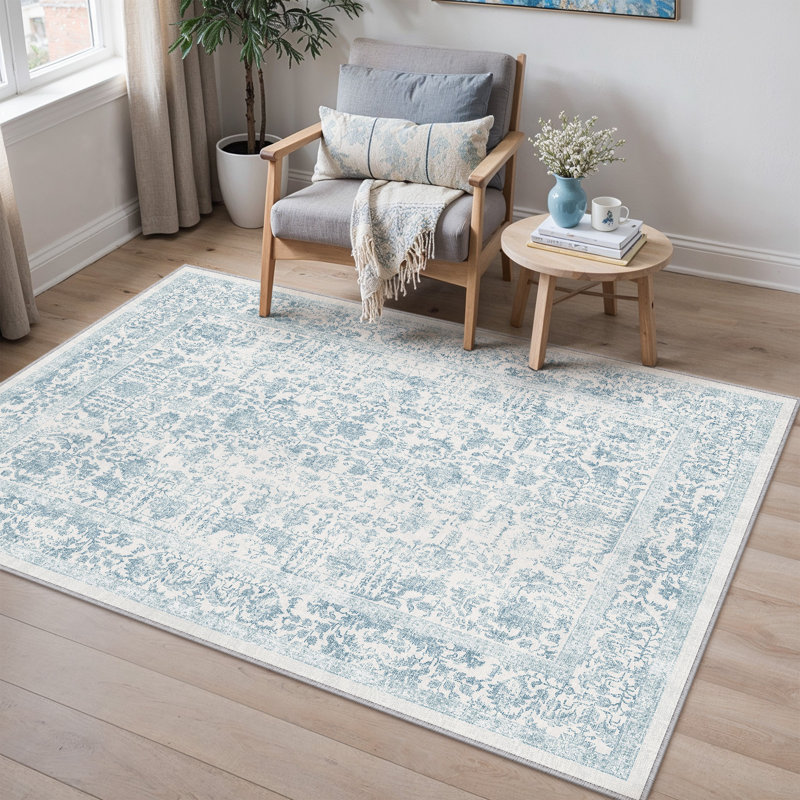 Tapis vintage lavable à la machine avec envers antidérapant Arnedo, Bleu, 0.28", Rectangulaire 4 pi x 6 pi