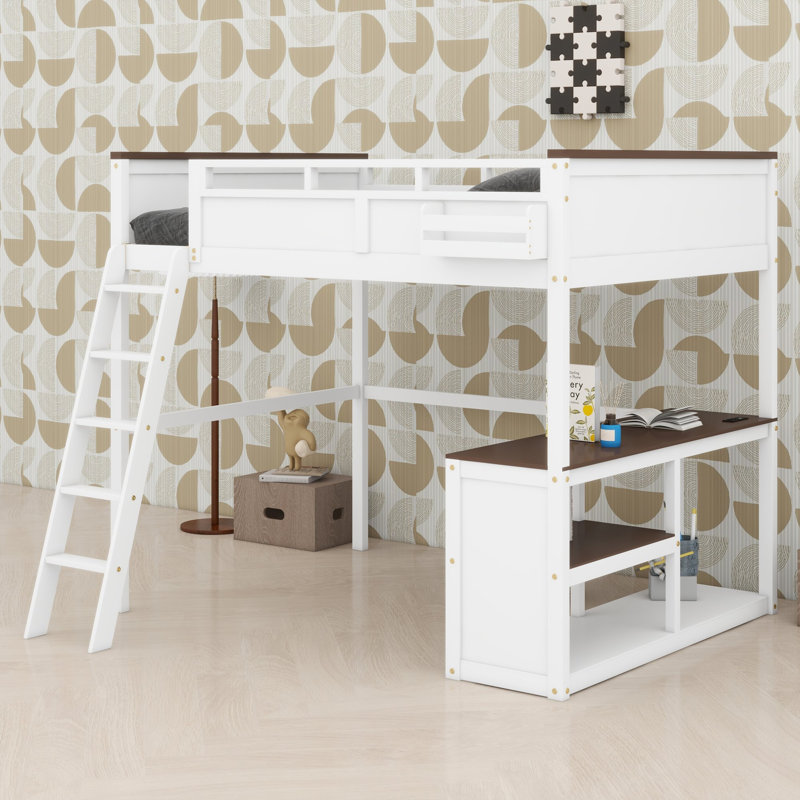 Le lit mezzanine avec bureau, tablettes et boîte de rangement crée un coin d'étude complet dans toute chambre à coucher