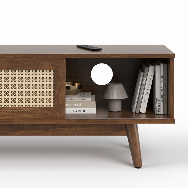 Mid Century Modern Tv Stand With Sliding Doors, Oak, 60"