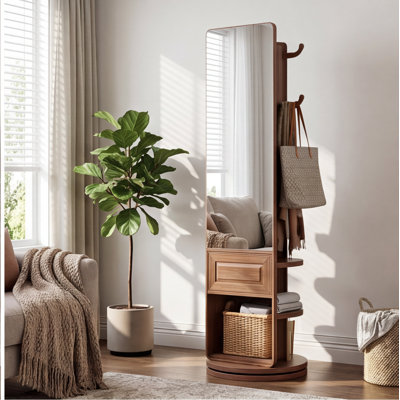65.7" x 17.7" Walnut Solid Wood Rotating Full Length Mirror with Coat Rack and Hooks, 360° Floor Mirror for Bedroom, Entryway, Living Room