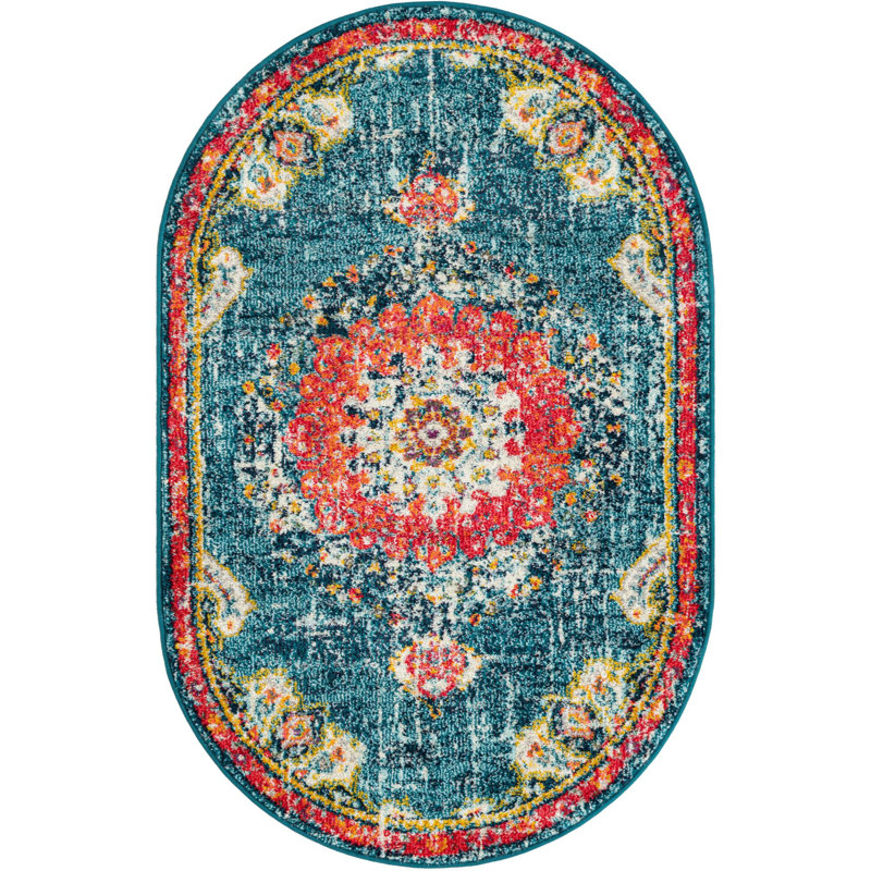 Tapis oriental bleu / rouge / jaune en polypropylène tissé à la machine Pennylane, Ovale 3 pi 3 po x 5 pi 3 po