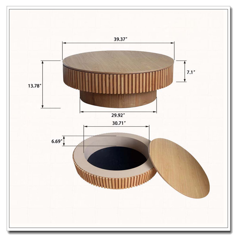 Solid Wood 31.5" Round Coffee Table with Storage, 13.78" H x 39.37" L x 39.37" W, Natural Wood