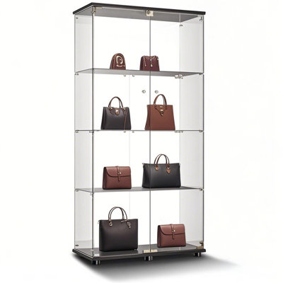 Modern Style 4-Tier Glass Display Stand 64" China Cabinet Curio Cabinet Black  Floor Standing Glass Bookshelf With Lockable Double Doors