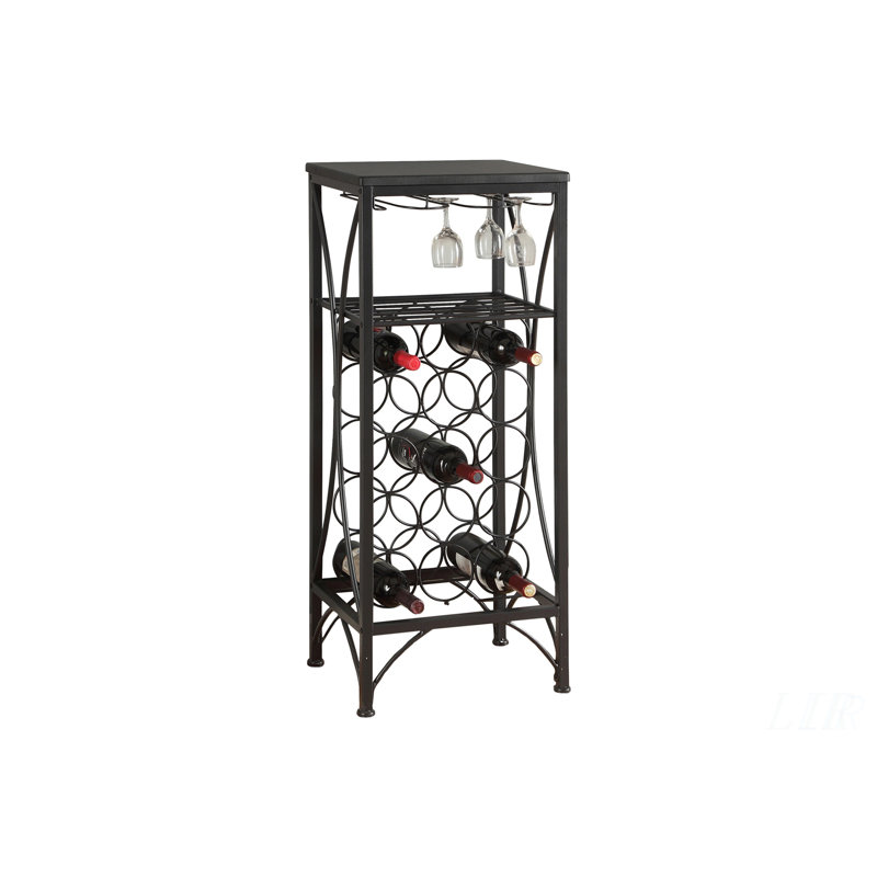 Bar élégant en métal noir avec support à vin et rangement en verre, parfait pour recevoir et organiser votre collection de boissons.