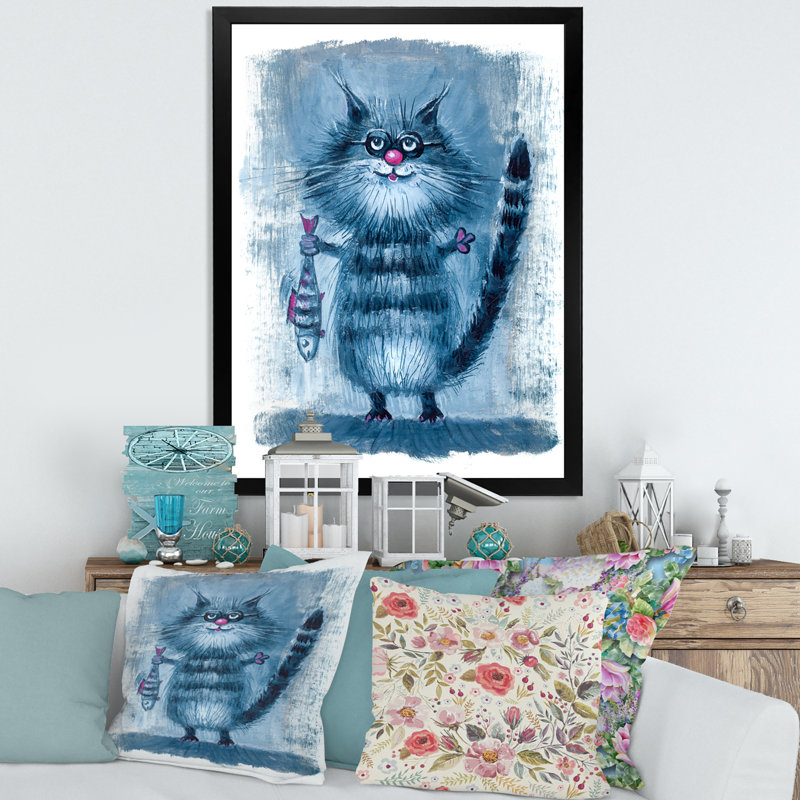 Chat tenant un poisson dans ses griffes - peinture sur toile, Cadre noir, H 32 po x l 16 po x P 1 po