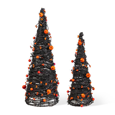 Set of 2 Halloween Eucalyptus With Bats Pumpkin Cone Tree