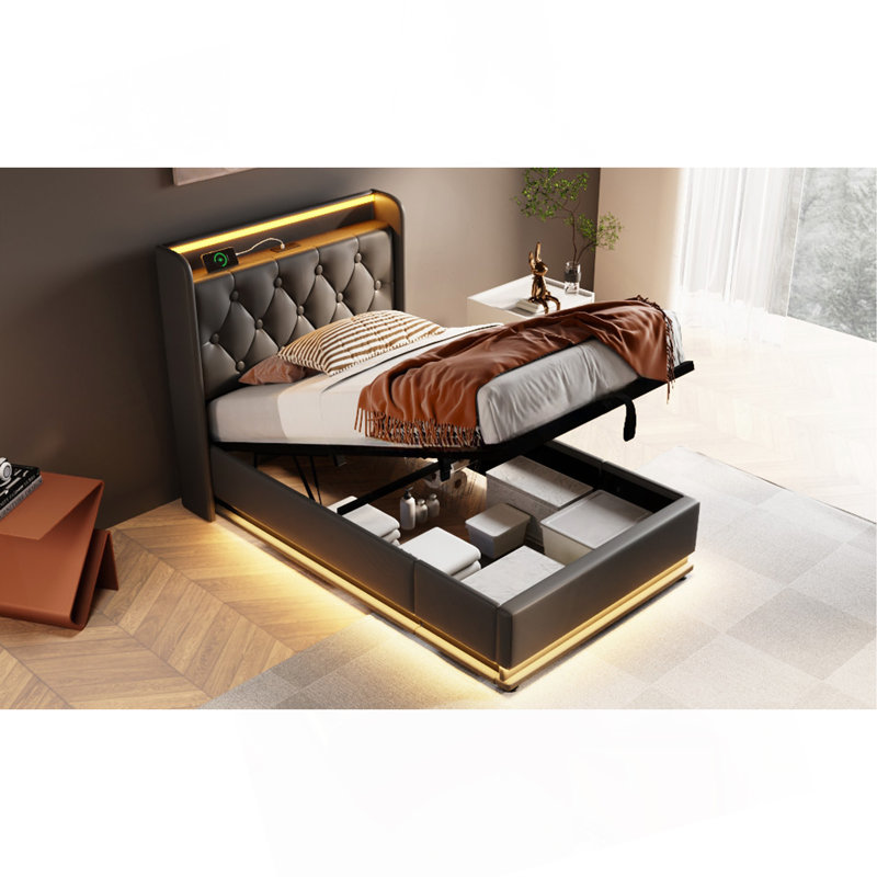 Lit simple tapissier, fonction DEL à 360 degrés, boutons / applications / télécommande, lit de rangement hydraulique avec chargement USB Type-C, noir, polyuréthane (sans matelas)