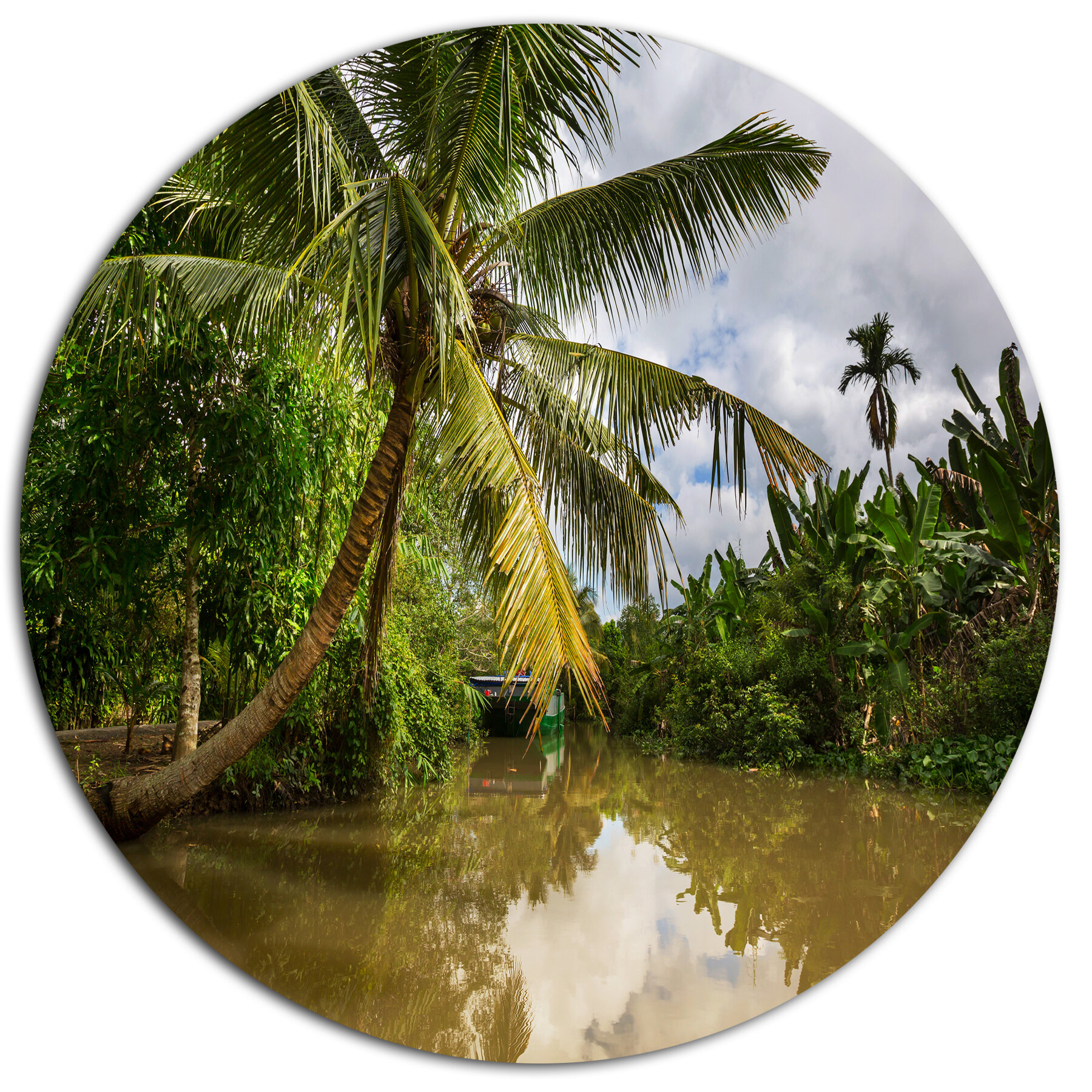 DesignArt Tropical River With Bent Coconut Palm On Metal Print