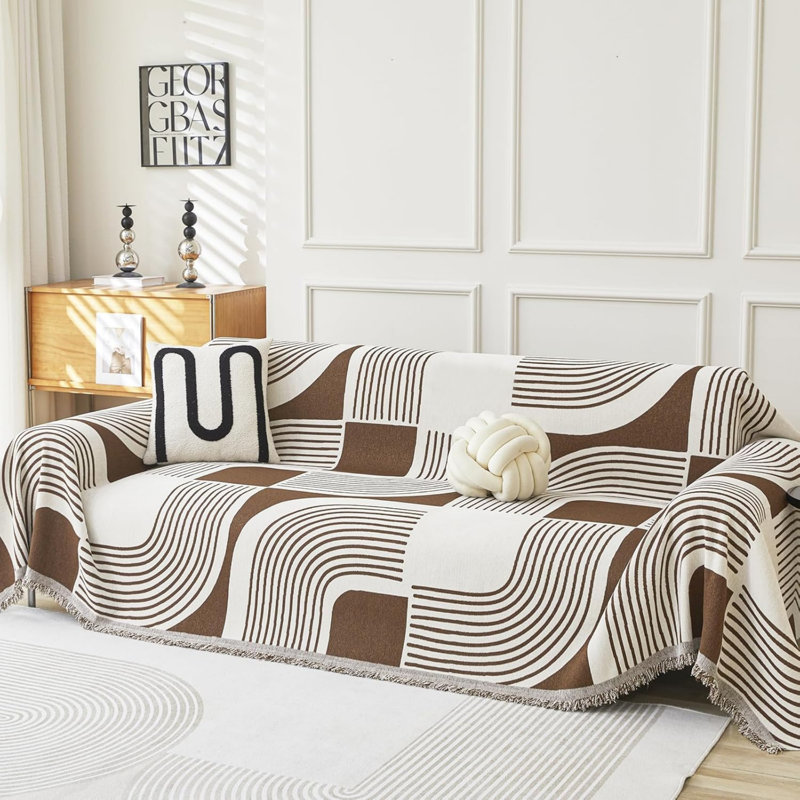 Box Cushion Sofa Slipcover, Brown/White Geometric