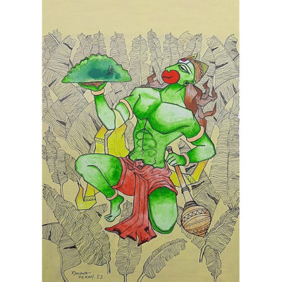 Veer Bajarangi tenant la montagne des herbes de Sanjeevani | Acrylique sur papier Canson | Ramana Peram