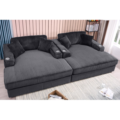 Upholstered Corduroy Chaise Sofa Bed W/ Solid Wood Frame