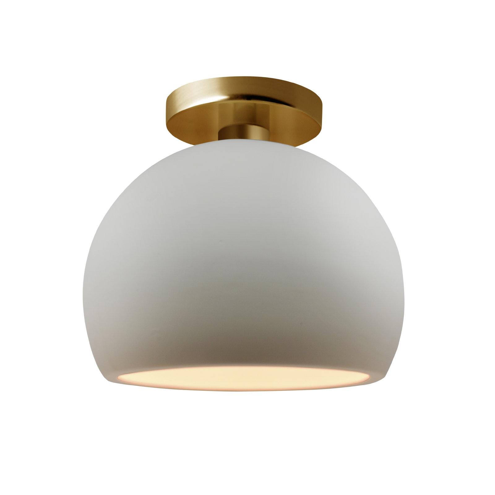 Single Light Ceramic LED Semi Flush Mount, 7" H x 7" W x 7" D, Bisque, Brushed Brass
