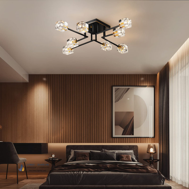 8-Lights Semi Flush Mount Ceiling Light Fixture,Black And Gold Modern Crystal Chandeliers,Farmhouse Lighting Fixtures