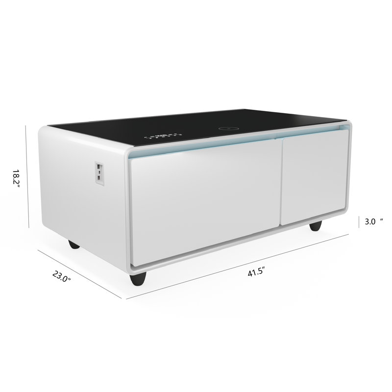 Smart Coffee Table with Refrigerated Drawers Wireless Charging and Built In Bluetooth Speakers, White