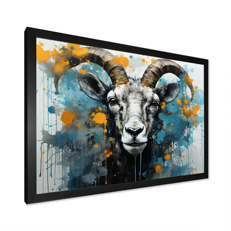 «Blue Yellow Goat Blooms Portrait», art mural animal de chèvre, H 12 po x l 20 po x P 1 po, Cadre d'angle fermé noir