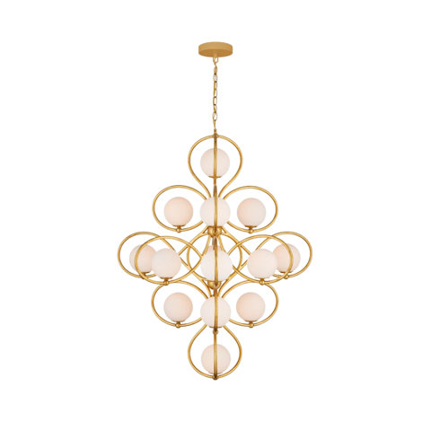 Gold chandelier with a geometric frame and multiple spherical frosted glass globes.