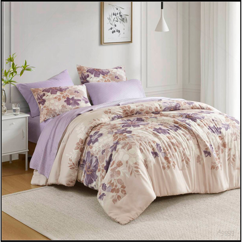 Ensemble d'édredon floral avec draps Taupe, Édredon double et 6 pièces supplémentaires