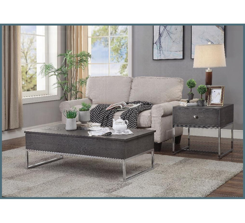 Table basse à plateau relevable en chêne gris avec base chromée - 2 compartiments de rangement cachés pour le salon
