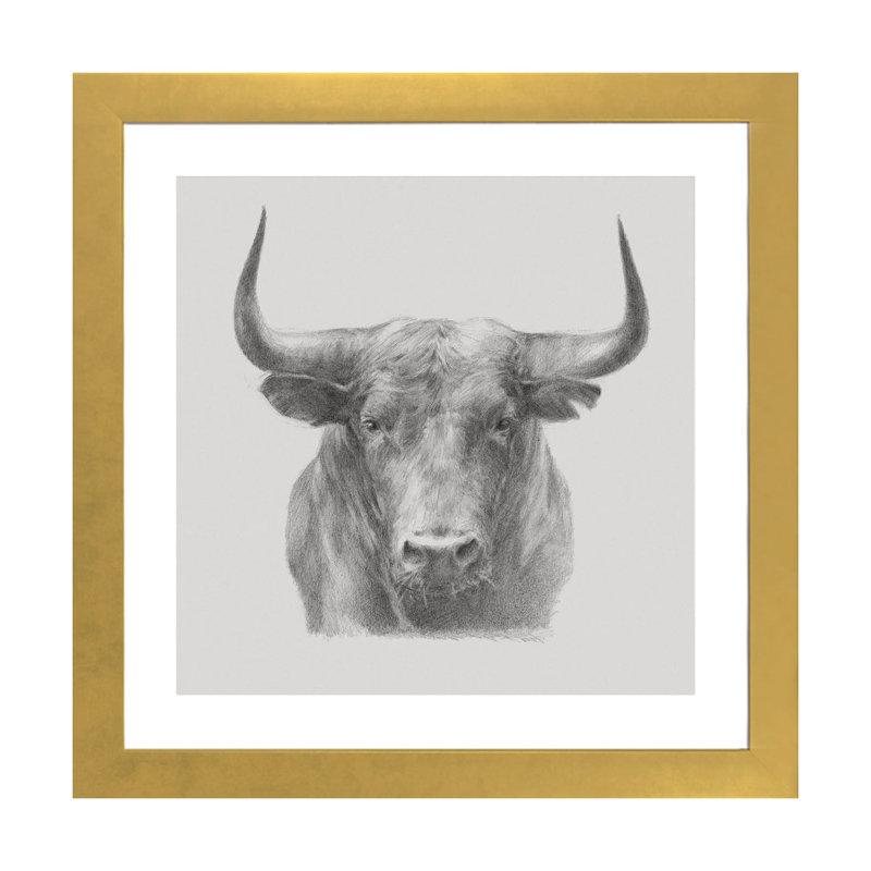 «Black Bull» par Ethan Harper - dessin, reproduction, H 24 po x l 24 po x P 1 po, Papier encadré doré, Blanc